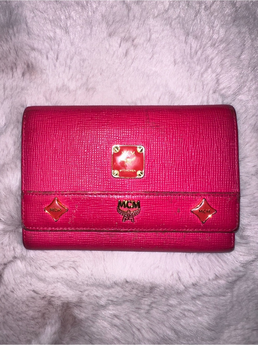💖 MCM Pink Leather Studded Trifold Wallet w/ Coin Pocket